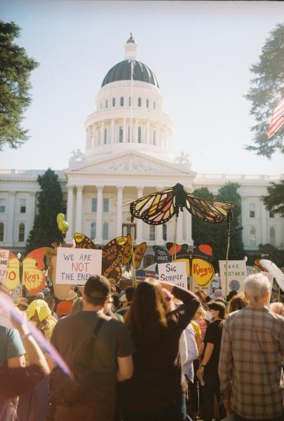No Kings protest in front of the California State capitol building.