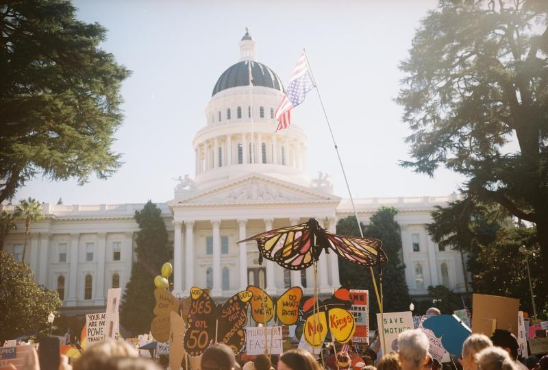 No Kings protest in front of the California State capitol building.