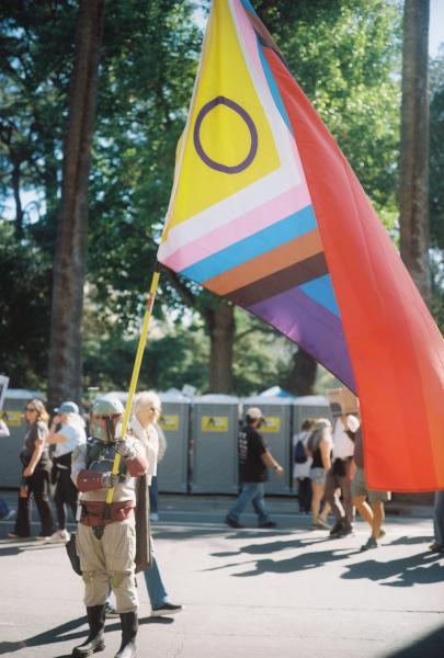 No Kings protest in front of the California State capitol building.